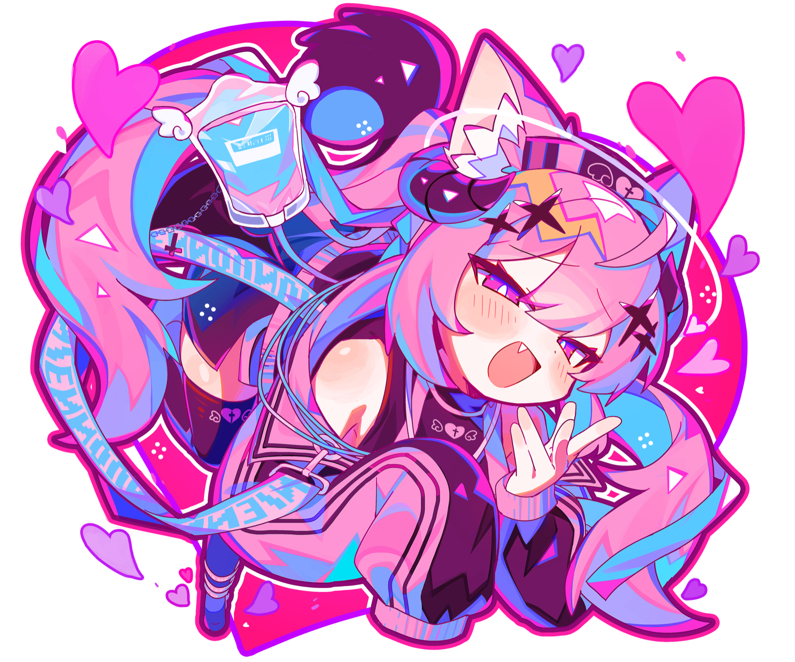 ピンクとシアンの髪をしたうるちゃんのイラスト。点滴パックを持ち、ハートに囲まれて舌を出している